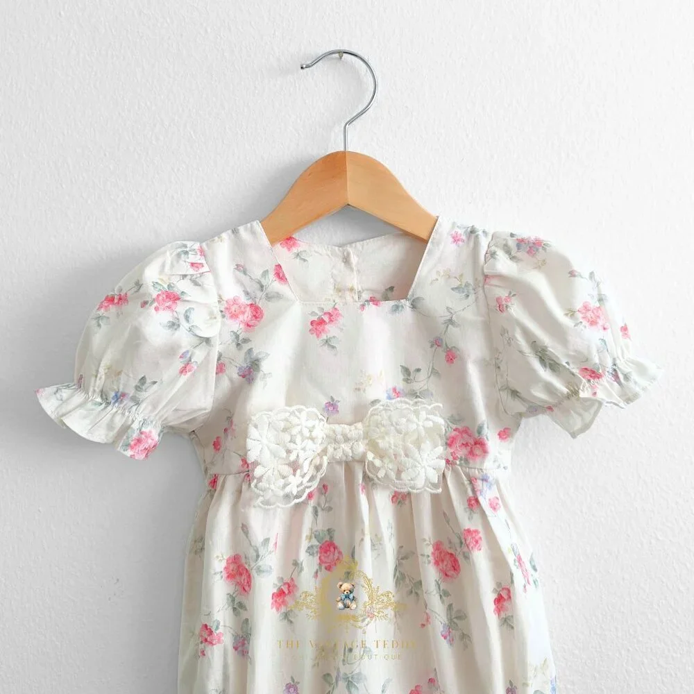 NWT Pretty Girls Floral Romper Bubble One-Piece & Headband Set Cream & Pink 6-9M